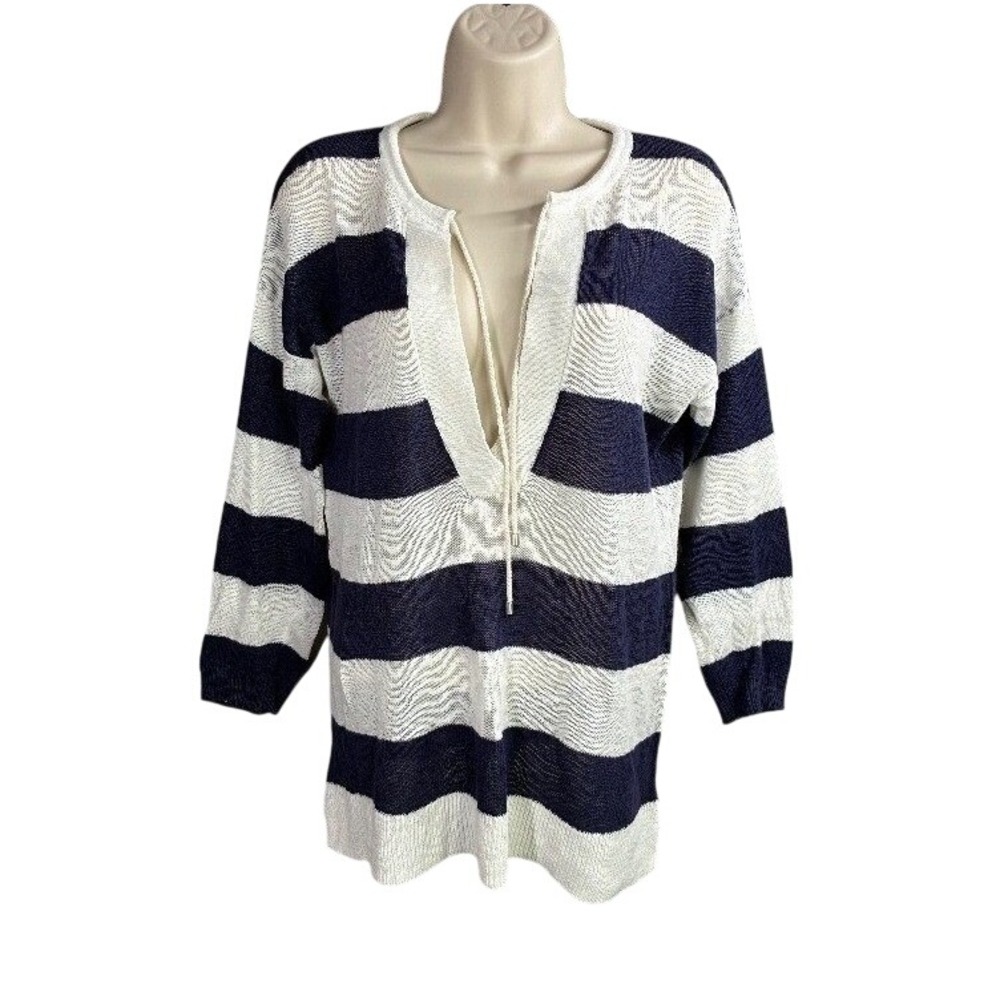 LOFT Striped Linen Blend Tunic‎ Sweater Size Medium Coastal Preppy Beach Knit